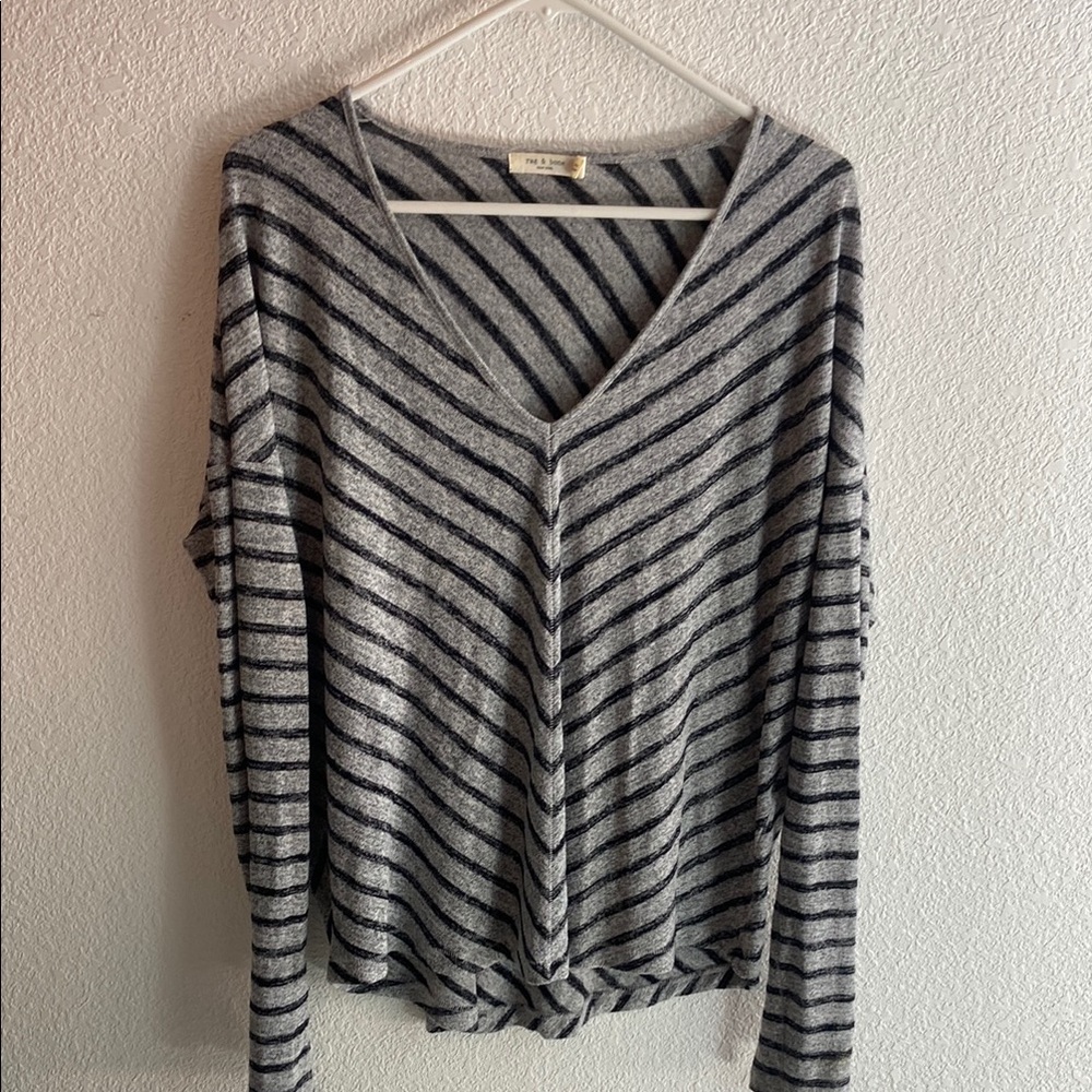 rag and bone Gray and Black Striped V-Neck Sweater